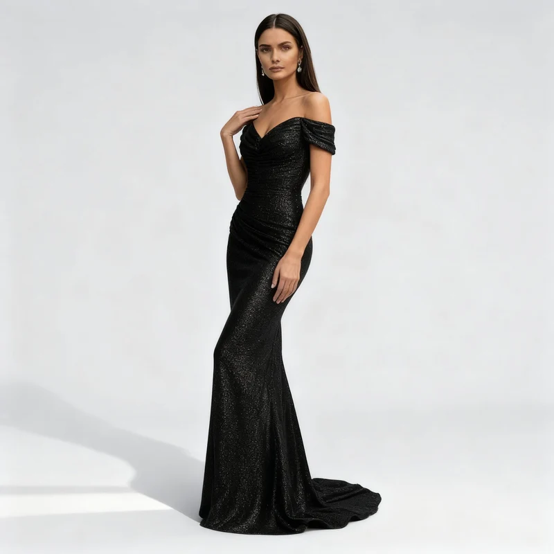 Schimmerndes Schulterfreies Pailletten Damen Abendkleid