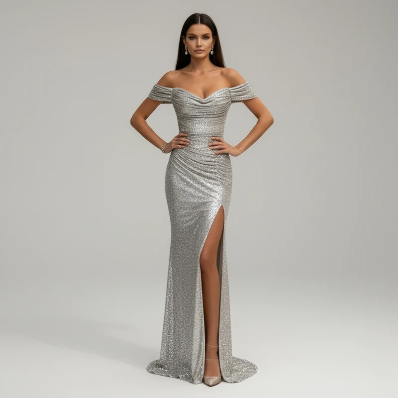Schimmerndes Schulterfreies Pailletten Damen Abendkleid