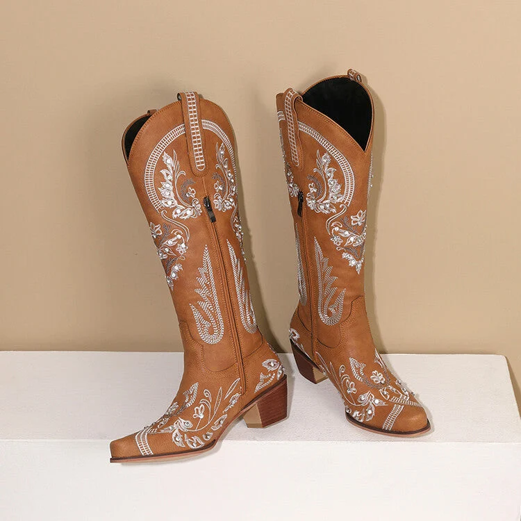 Bestickte Western Denim Retro Damen Knielange Stiefel