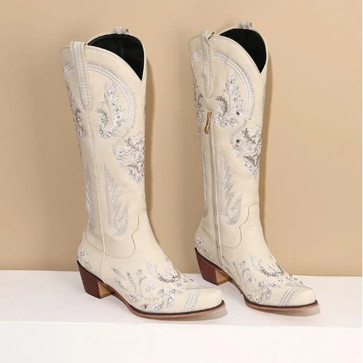 Bestickte Western Denim Retro Damen Knielange Stiefel