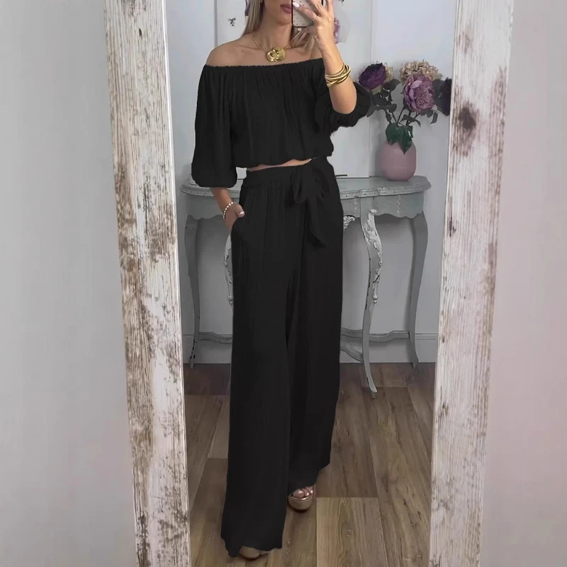 Damen Weites Hosenensemble mit raffiniertem Crop-Oberteil Nord Taschen