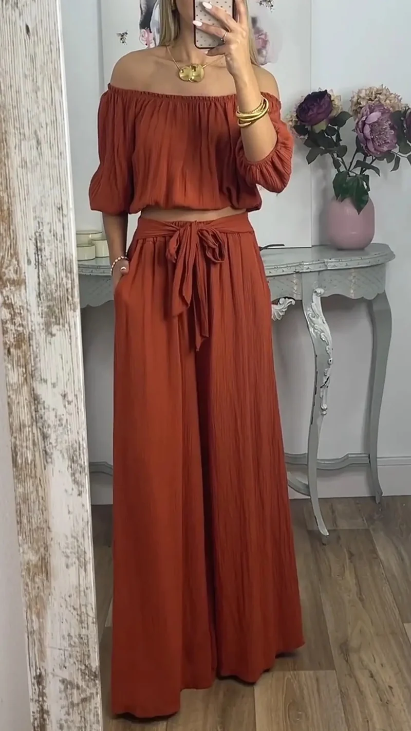 Damen Weites Hosenensemble mit raffiniertem Crop-Oberteil Nord Taschen