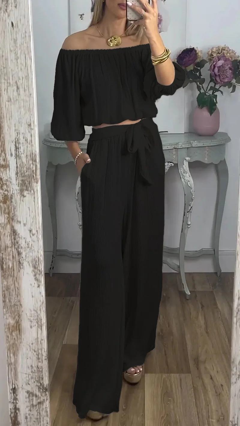 Damen Weites Hosenensemble mit raffiniertem Crop-Oberteil Nord Taschen