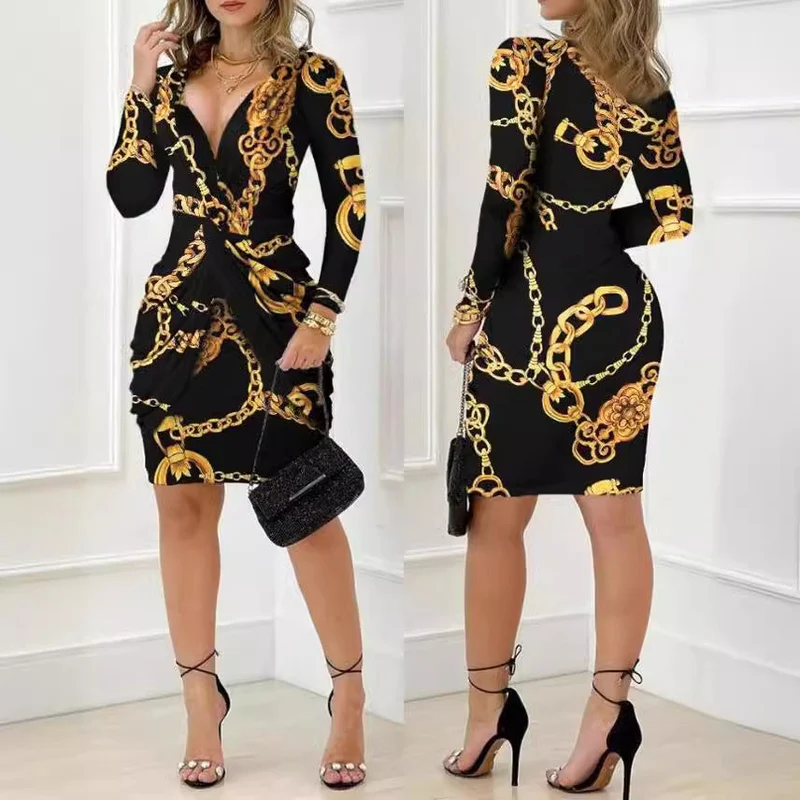 Damen Wickelkleid mit elegantem Kettenprint und figurformendem Schnitt