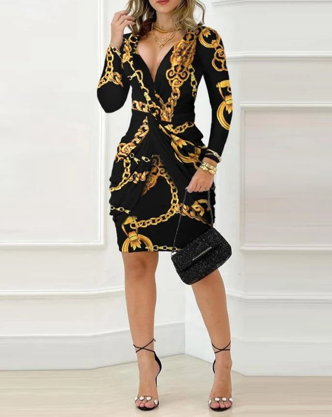 Damen Wickelkleid mit elegantem Kettenprint und figurformendem Schnitt