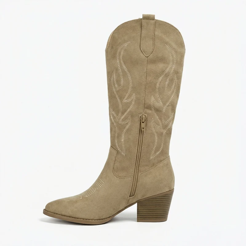 Cowboy Stiefel Retro Chunky Heel Spitzstiefel mit Stylischem Seitenreißverschluss