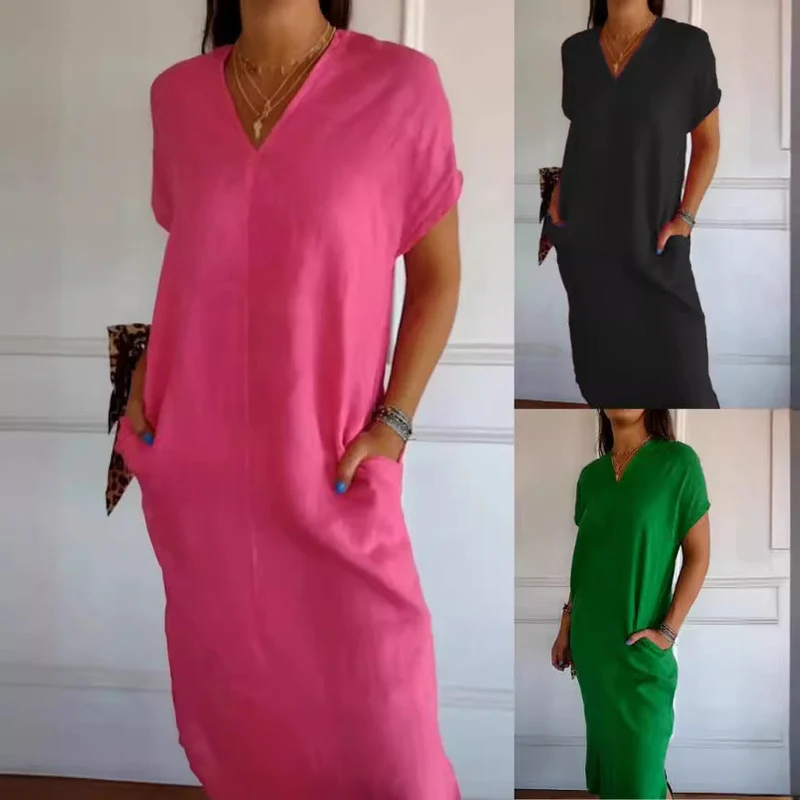 Damen Viskose-Leinen Kleid mit tiefem V-Ausschnitt und praktischen Taschen