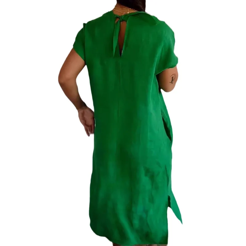 Damen Viskose-Leinen Kleid mit tiefem V-Ausschnitt und praktischen Taschen