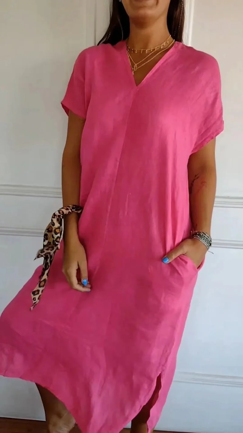 Damen Viskose-Leinen Kleid mit tiefem V-Ausschnitt und praktischen Taschen