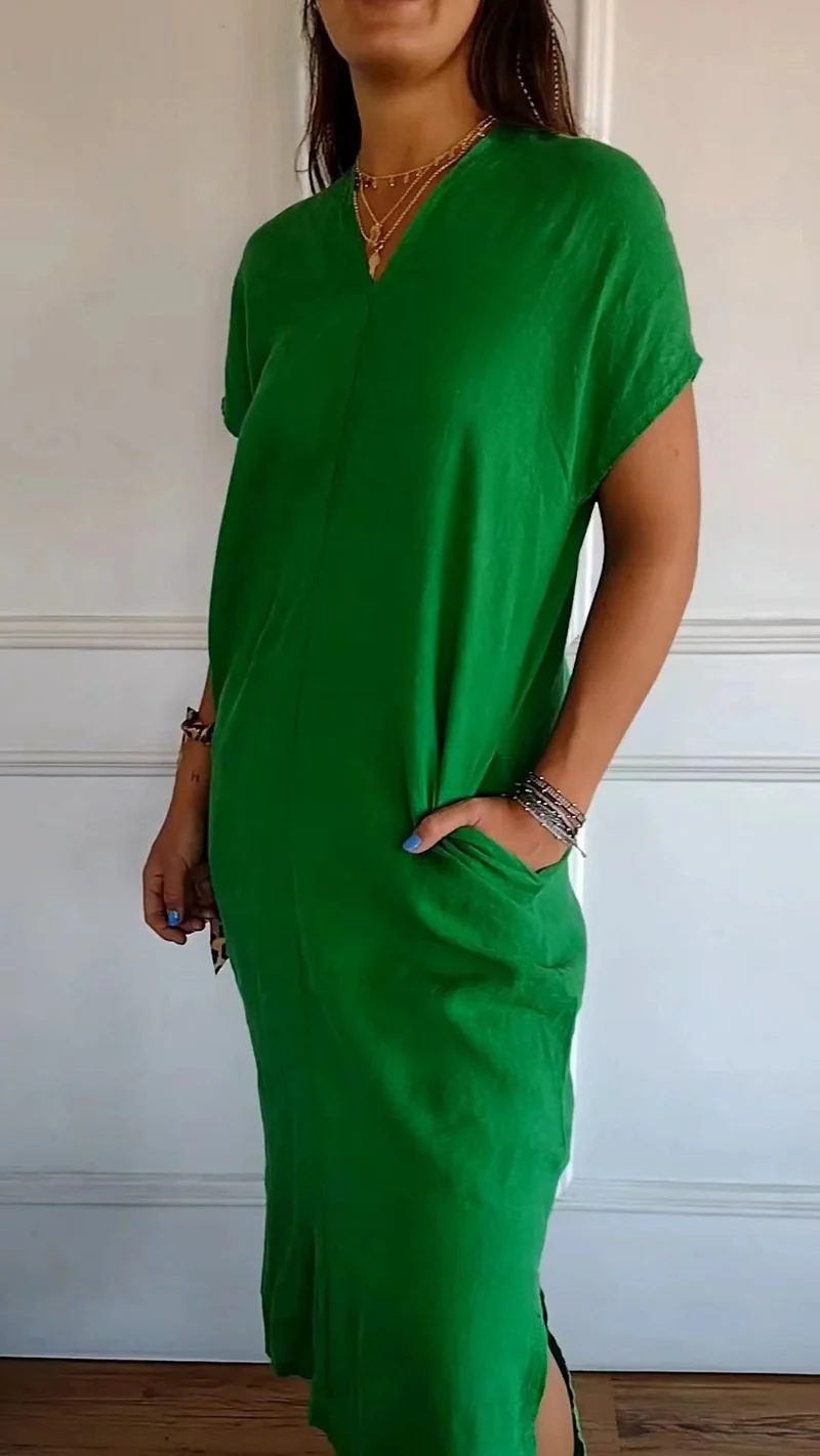 Damen Viskose-Leinen Kleid mit tiefem V-Ausschnitt und praktischen Taschen