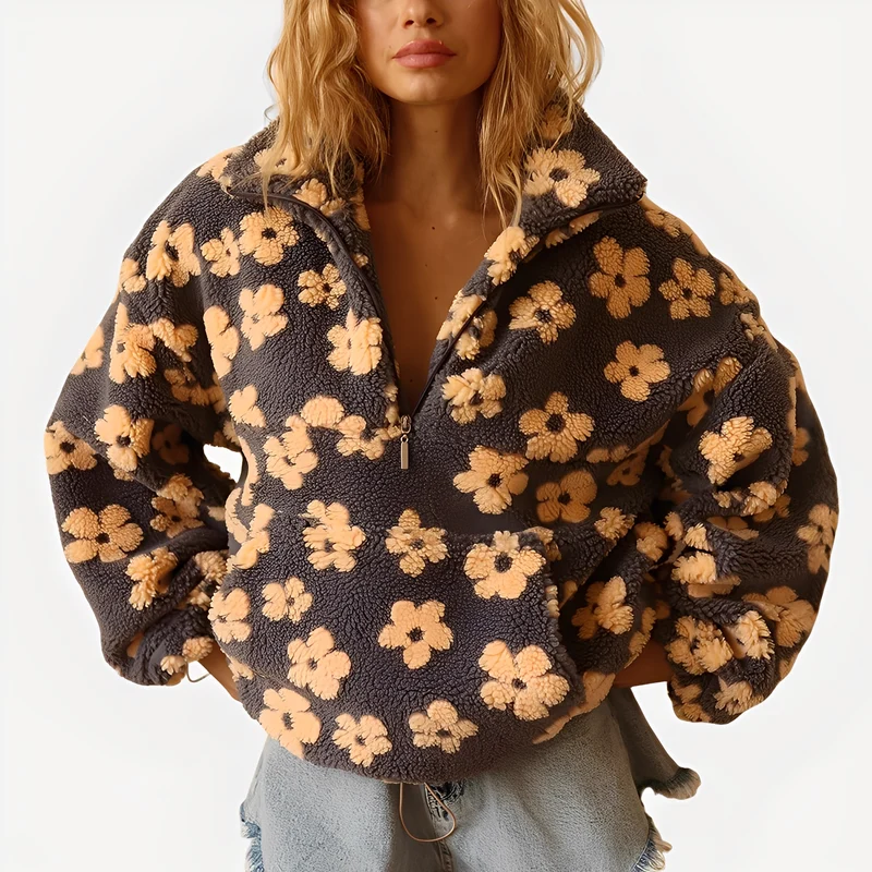 Damen-Sherpa-Pullover mit stilvollem Blumenmuster