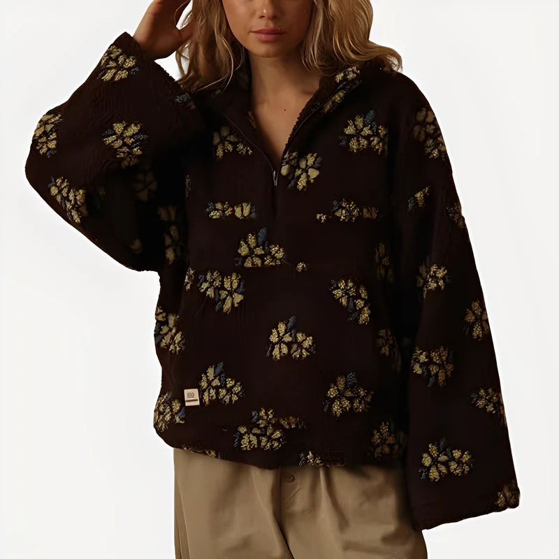 Damen-Sherpa-Pullover mit stilvollem Blumenmuster