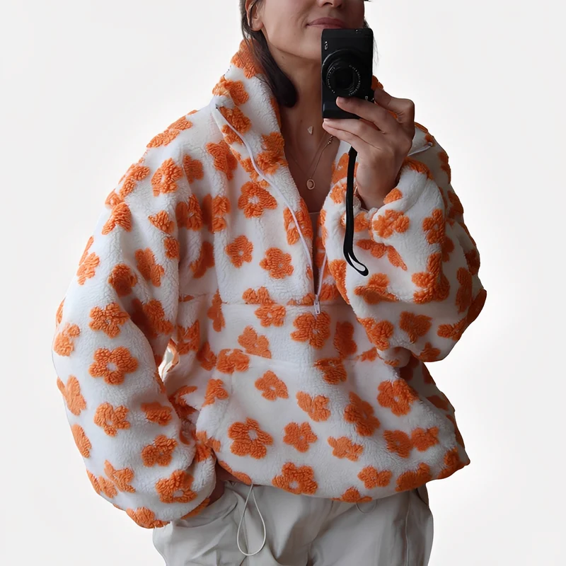 Damen-Sherpa-Pullover mit stilvollem Blumenmuster