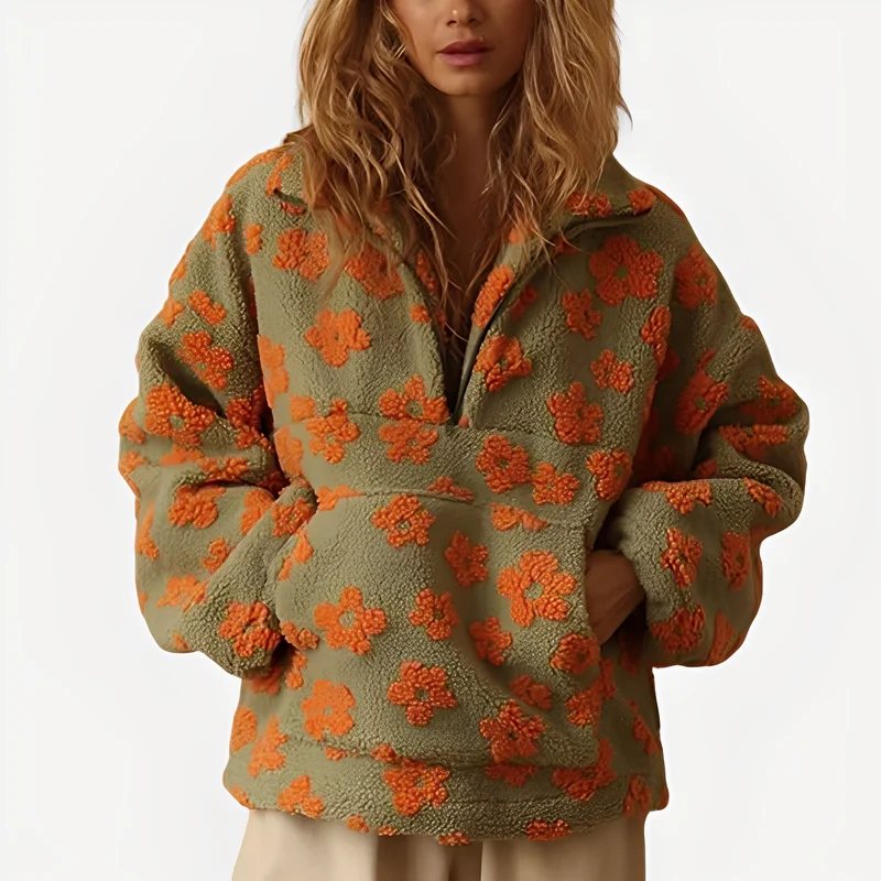 Damen-Sherpa-Pullover mit stilvollem Blumenmuster