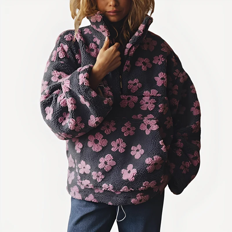 Damen-Sherpa-Pullover mit stilvollem Blumenmuster