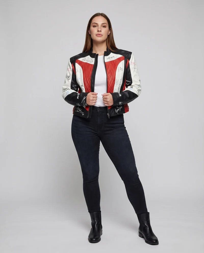 Damen Motorsport-Bomberjacke Lederstruktur Schulterpasse Druckmotive