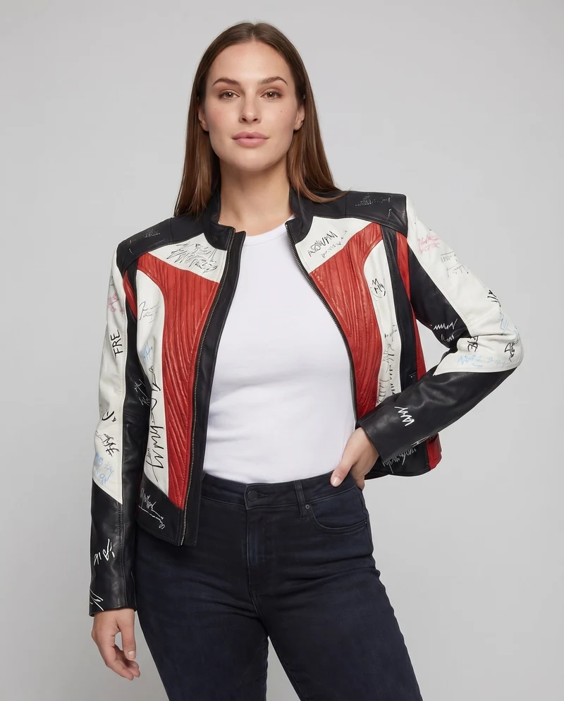 Damen Motorsport-Bomberjacke Lederstruktur Schulterpasse Druckmotive