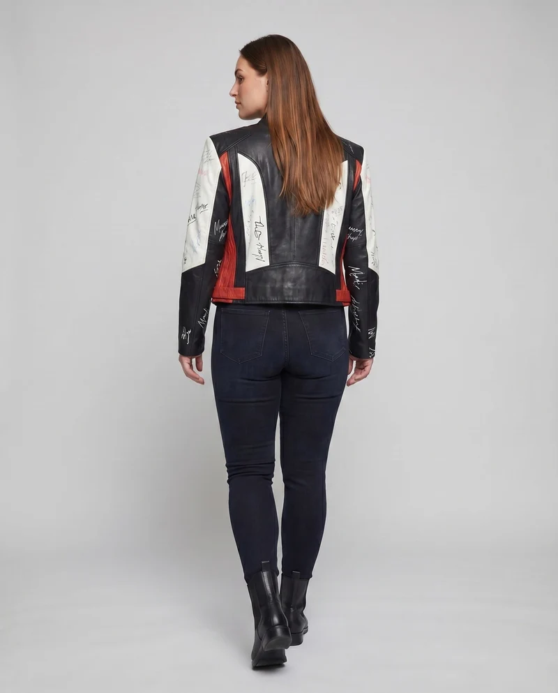 Damen Motorsport-Bomberjacke Lederstruktur Schulterpasse Druckmotive