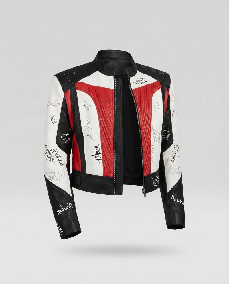 Damen Motorsport-Bomberjacke Lederstruktur Schulterpasse Druckmotive