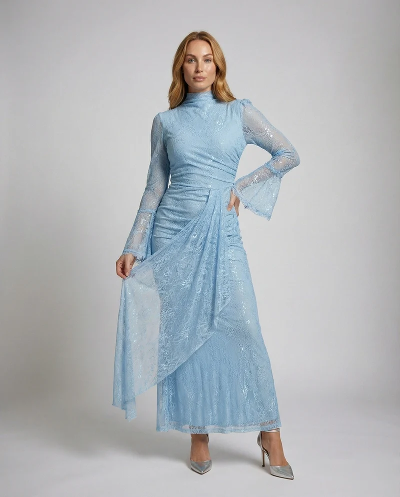 Damen Hochgeschlossene Taillierte-Raffung Spitzenabendkleid