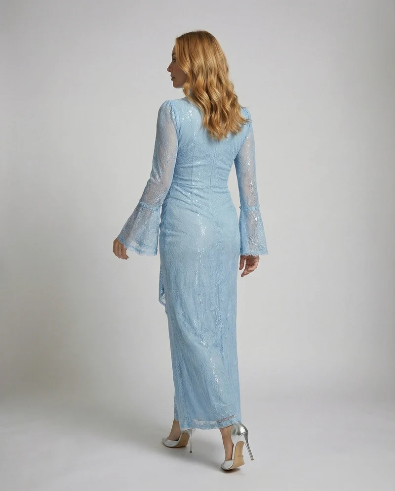 Damen Hochgeschlossene Taillierte-Raffung Spitzenabendkleid