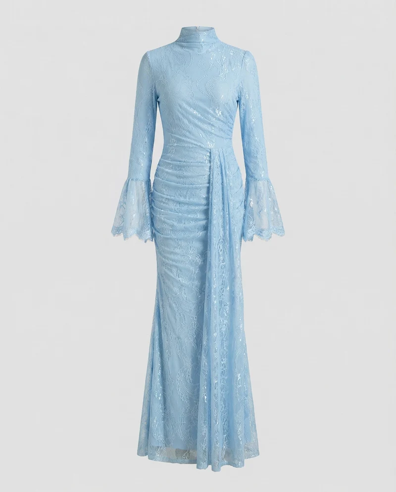 Damen Hochgeschlossene Taillierte-Raffung Spitzenabendkleid