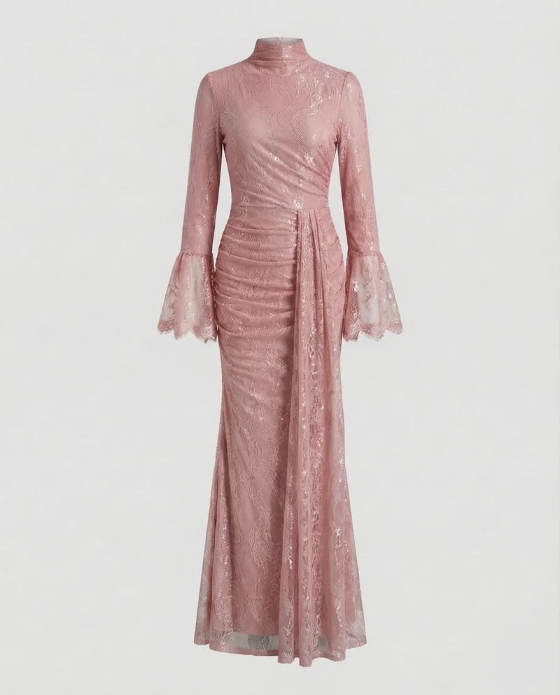 Damen Hochgeschlossene Taillierte-Raffung Spitzenabendkleid
