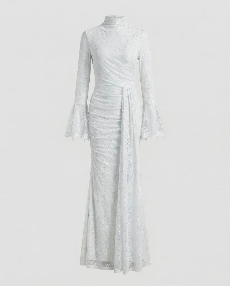 Damen Hochgeschlossene Taillierte-Raffung Spitzenabendkleid