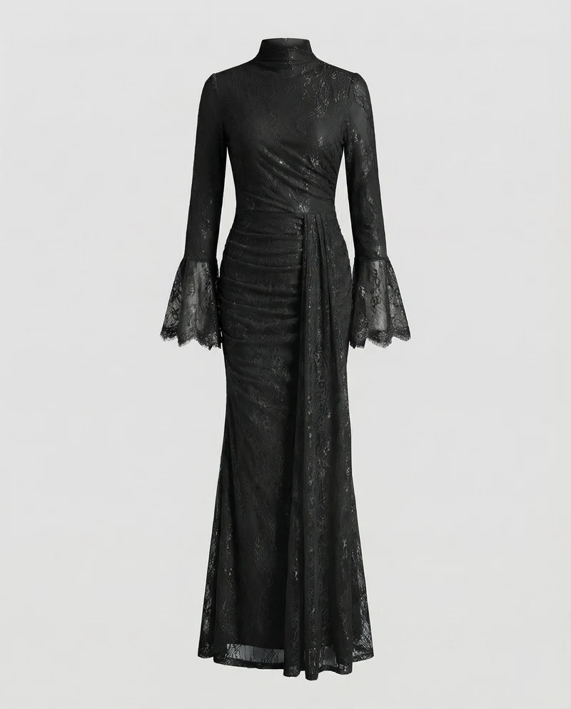 Damen Hochgeschlossene Taillierte-Raffung Spitzenabendkleid
