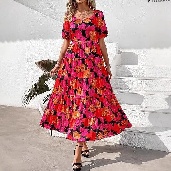 Damen Maxi-Kleid mit floralem Design und voluminösem Rock