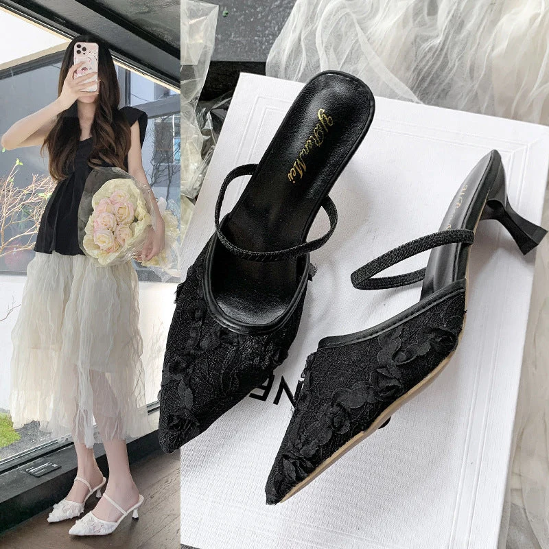 Damen Slingback-Pumps mit floralen Spitzenelementen