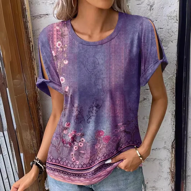 Damen T-Shirt mit floralem Muster und cut-out Ärmeln