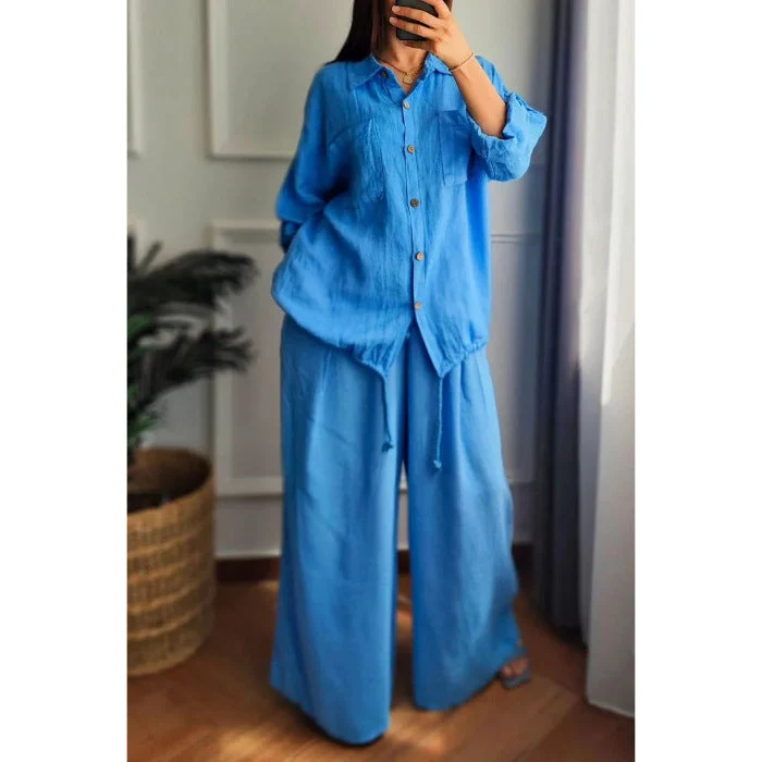 Damen Leinen-Set mit weiten Hosen undlässiger Bluse