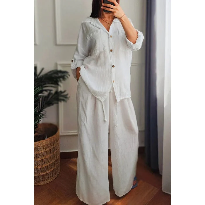 Damen Leinen-Set mit weiten Hosen undlässiger Bluse