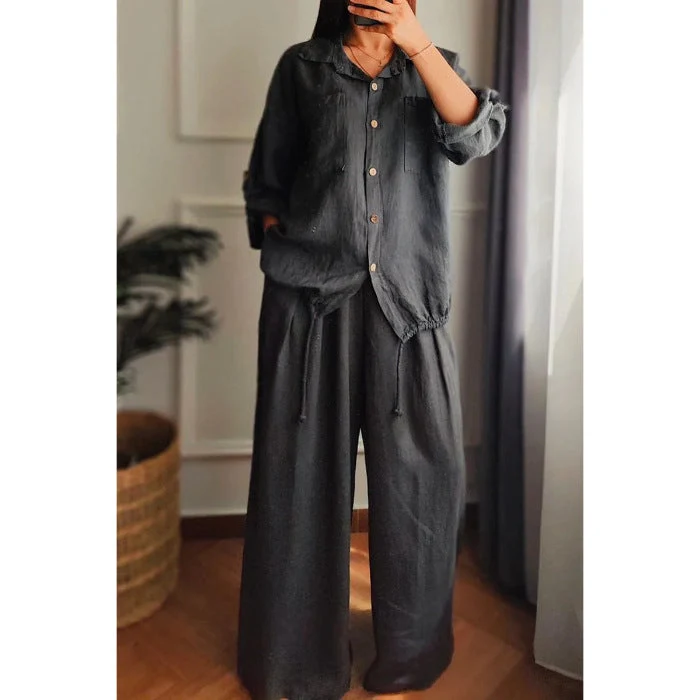Damen Leinen-Set mit weiten Hosen undlässiger Bluse