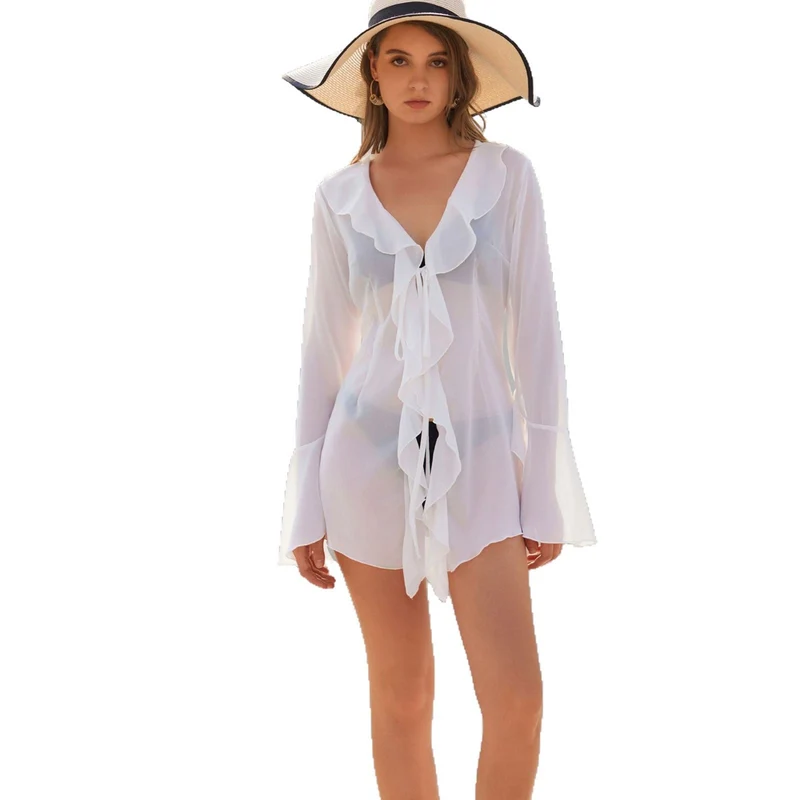 Damen eleganter, transparenter Strandüberwurf mit Volant Nord Taschen