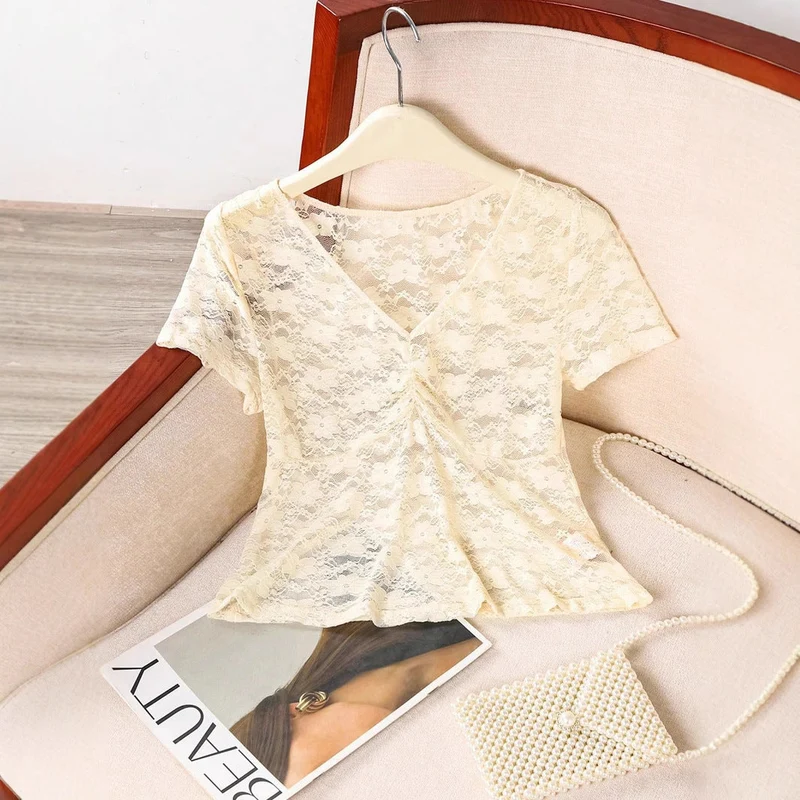 Damen Spitze Oberteil mit V-Ausschnitt und gerafftem Design
