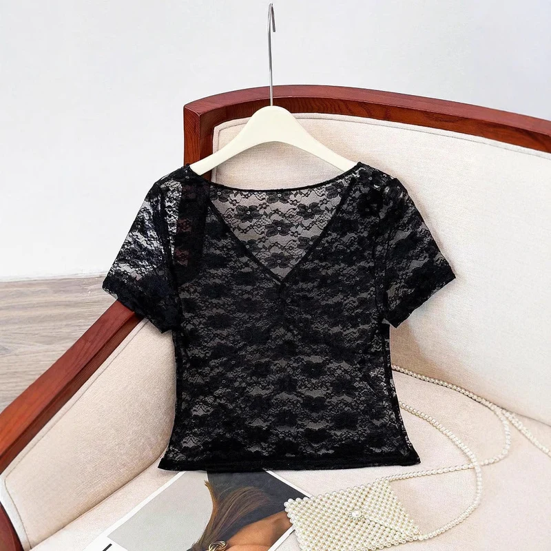 Damen Spitze Oberteil mit V-Ausschnitt und gerafftem Design