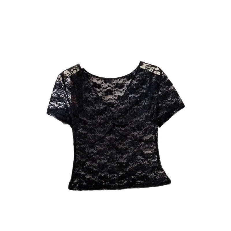 Damen Spitze Oberteil mit V-Ausschnitt und gerafftem Design