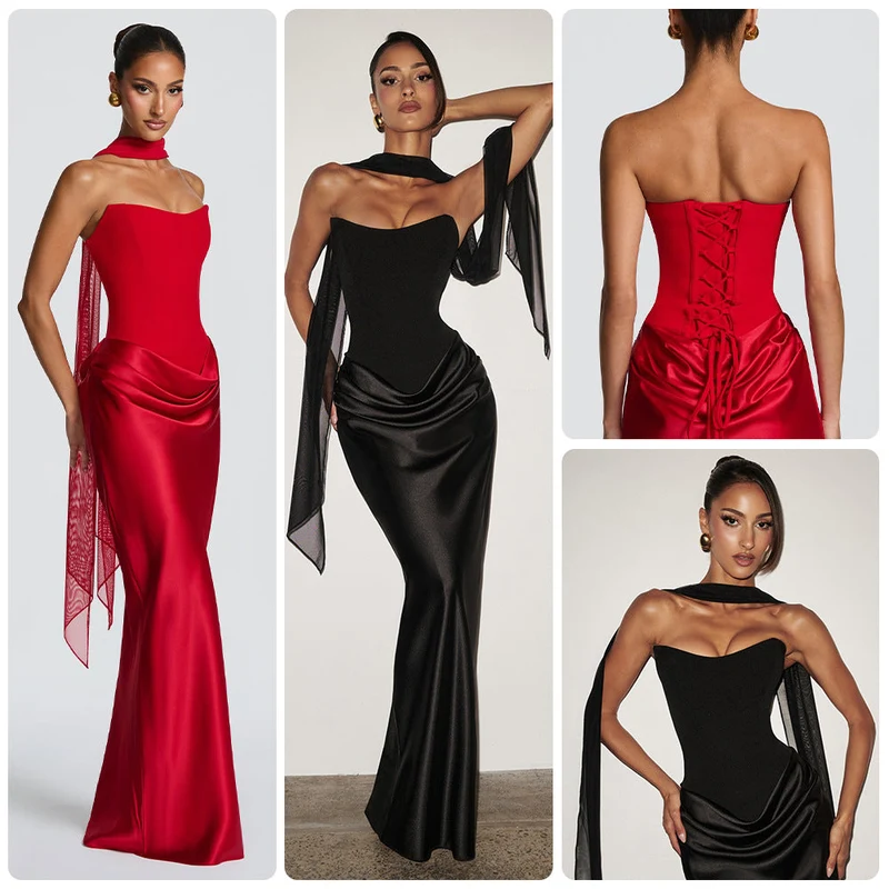 Damen Abendkleid mit schulterfreiem Design und elegantem Schlitz Nord Taschen