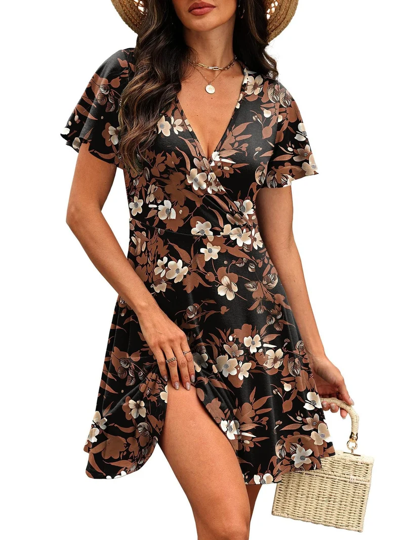 Damen Kurzärmeliges Wickelkleid mit floralen Mustern und V-Ausschnitt