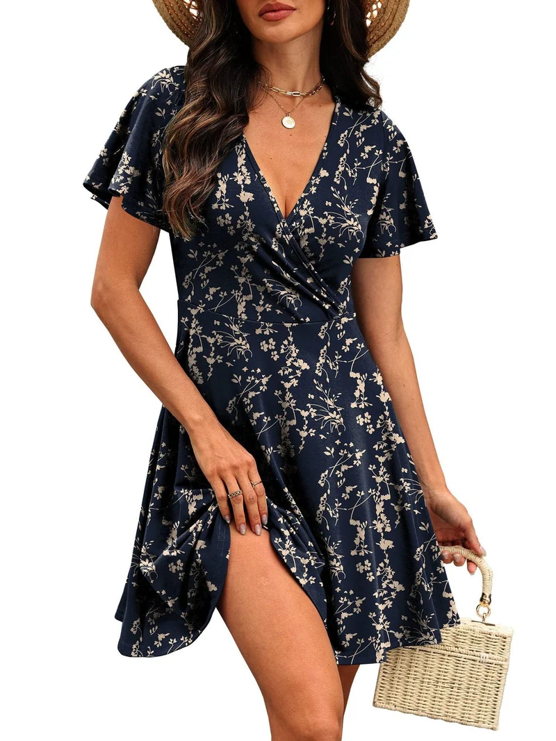 Damen Kurzärmeliges Wickelkleid mit floralen Mustern und V-Ausschnitt