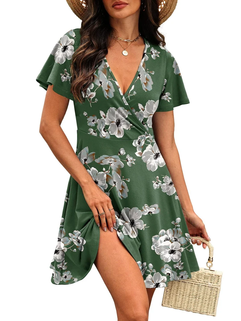 Damen Kurzärmeliges Wickelkleid mit floralen Mustern und V-Ausschnitt