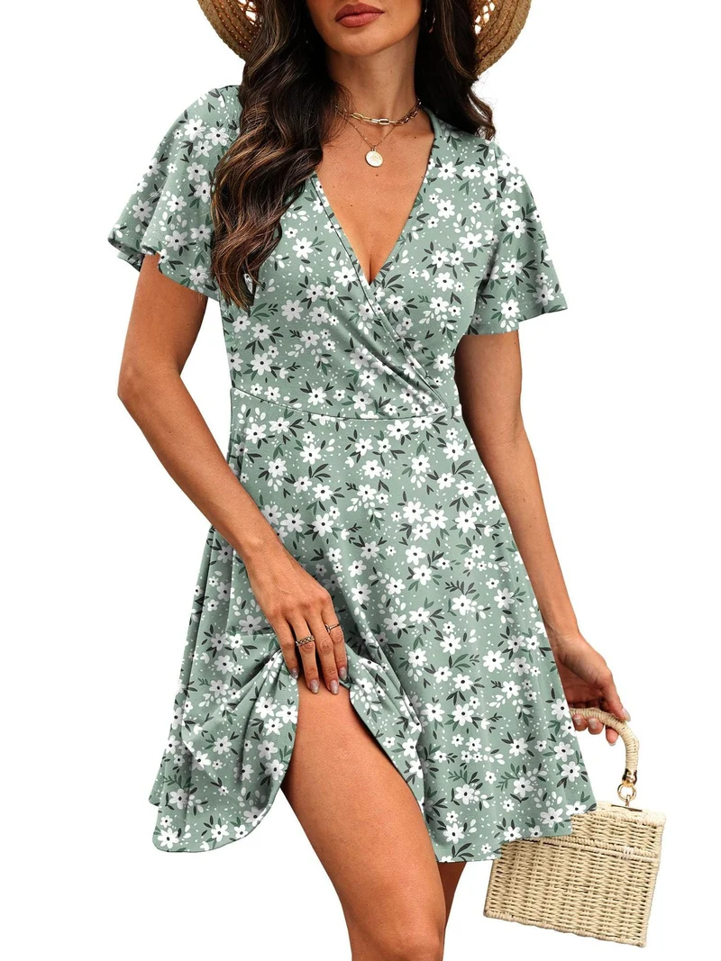 Damen Kurzärmeliges Wickelkleid mit floralen Mustern und V-Ausschnitt