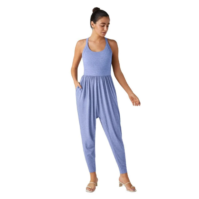 Damen nan lässiger Jersey-Overall mit Racerback, smockierter Taille und seitlichen Eingrifftaschen