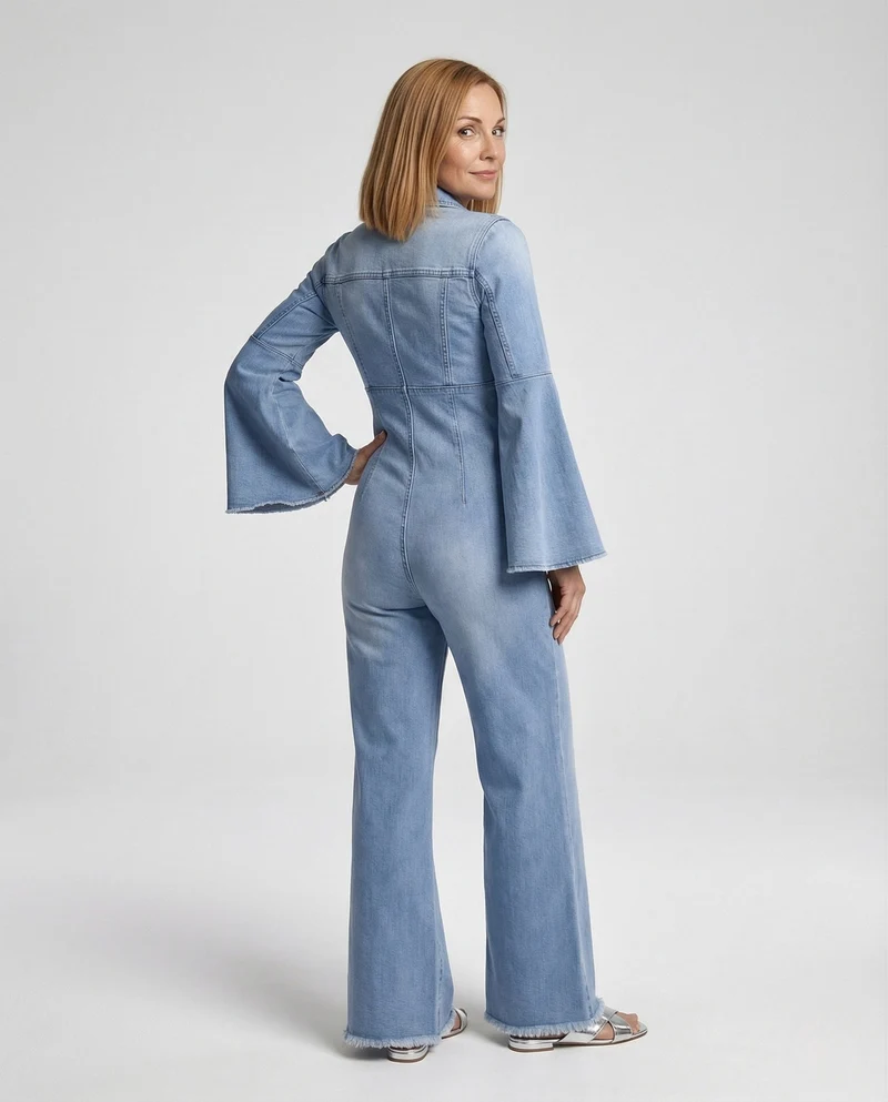 Damen Jeans Overall mit V-Ausschnitt & Glockenärmeln