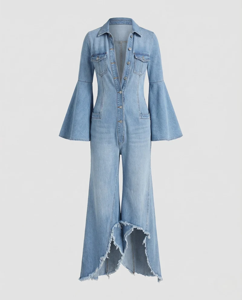 Damen Jeans Overall mit V-Ausschnitt & Glockenärmeln