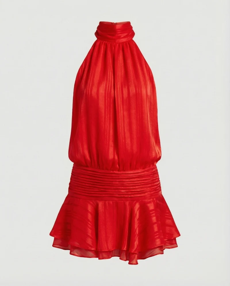 Damen hochgeschlossenes Chiffonminikleid mit Volantrock