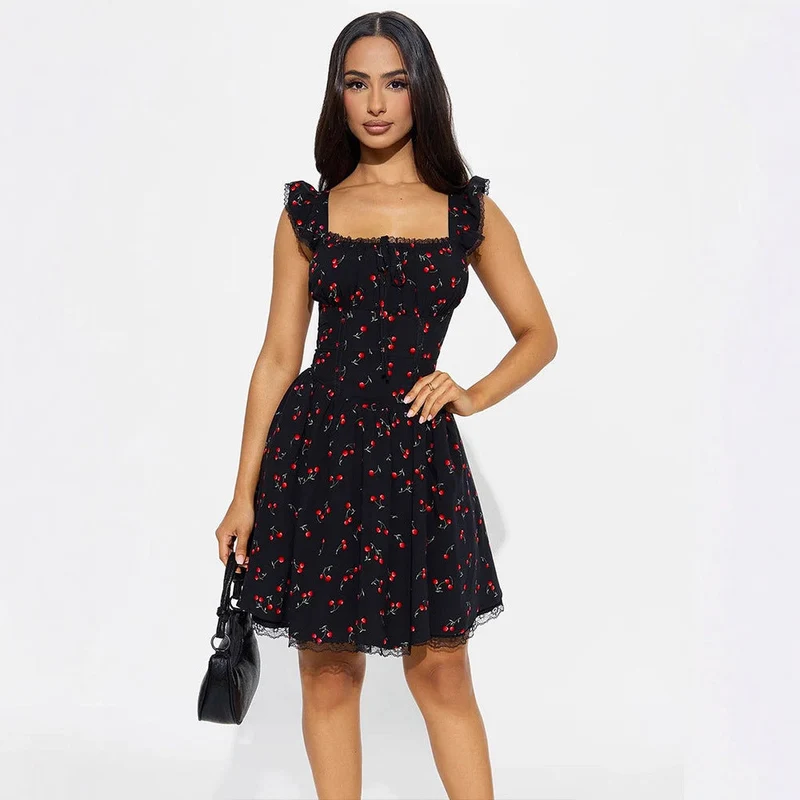 Damen Sommerkleid mit verspieltem Kirschmuster und Spitzenakzenten Nord Taschen