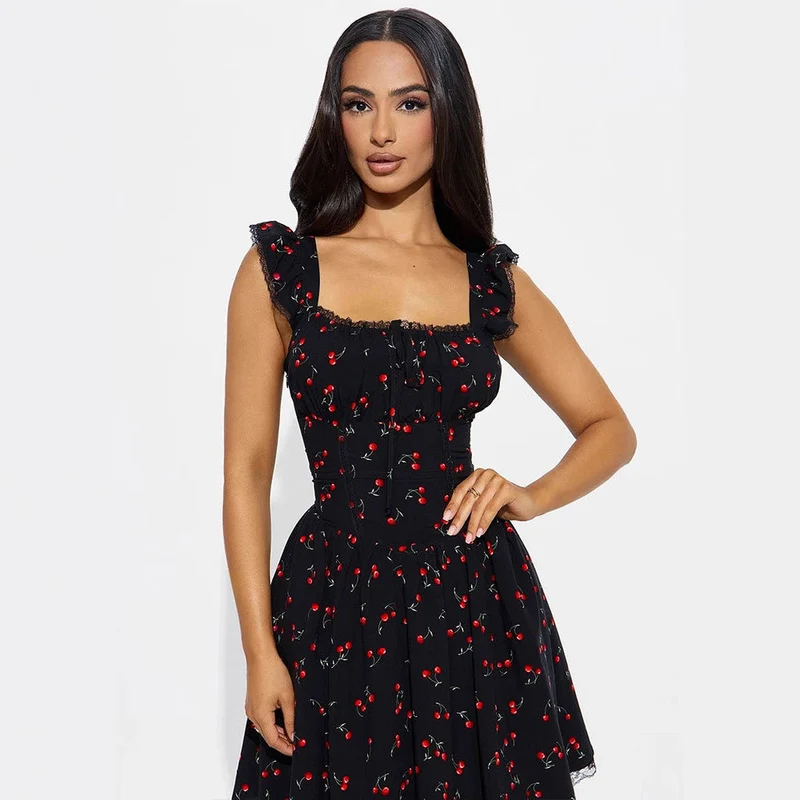 Damen Sommerkleid mit verspieltem Kirschmuster und Spitzenakzenten Nord Taschen